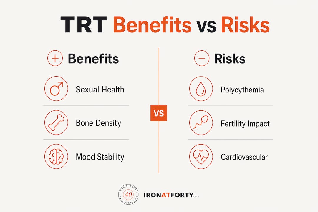 Infographic comparing TRT benefits and risks