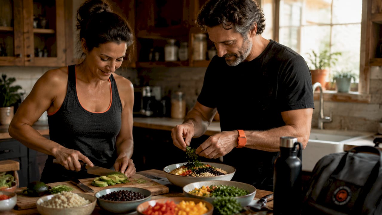 Couple preparing healthy salad together in kitchen