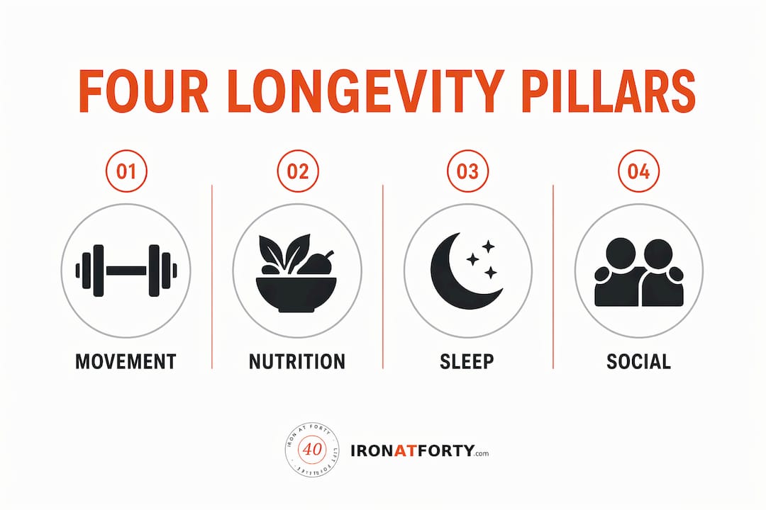 Infographic illustrating four pillars of longevity after 40