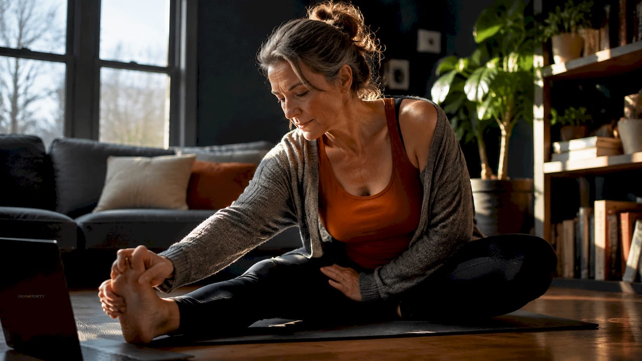 Woman over 50 stretching at home workout room