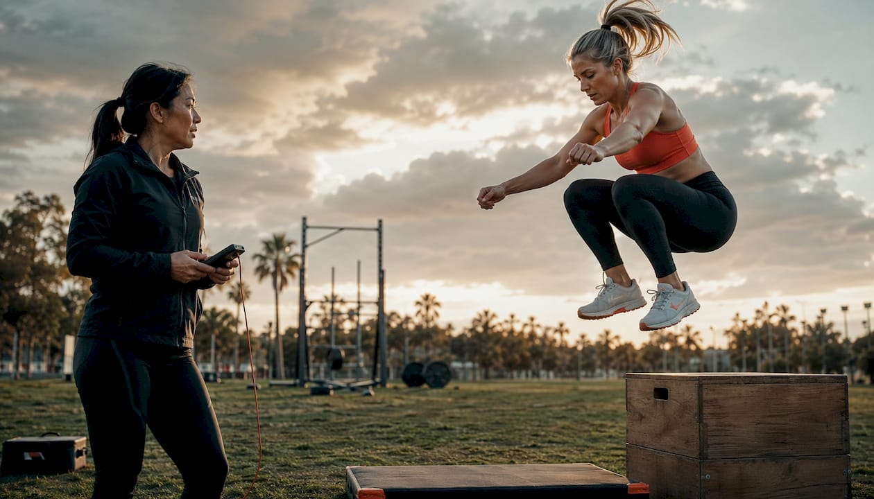 Coach measuring athlete reactive strength in sports center
