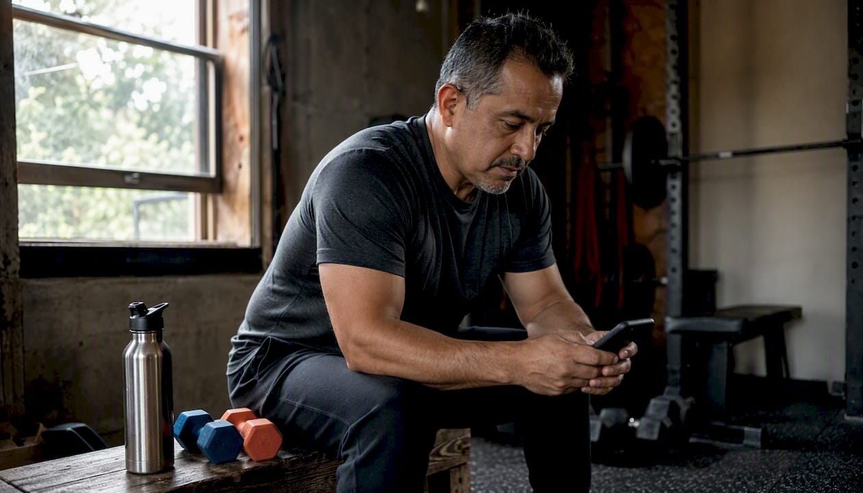 Middle-aged man using smartphone in home gym corner