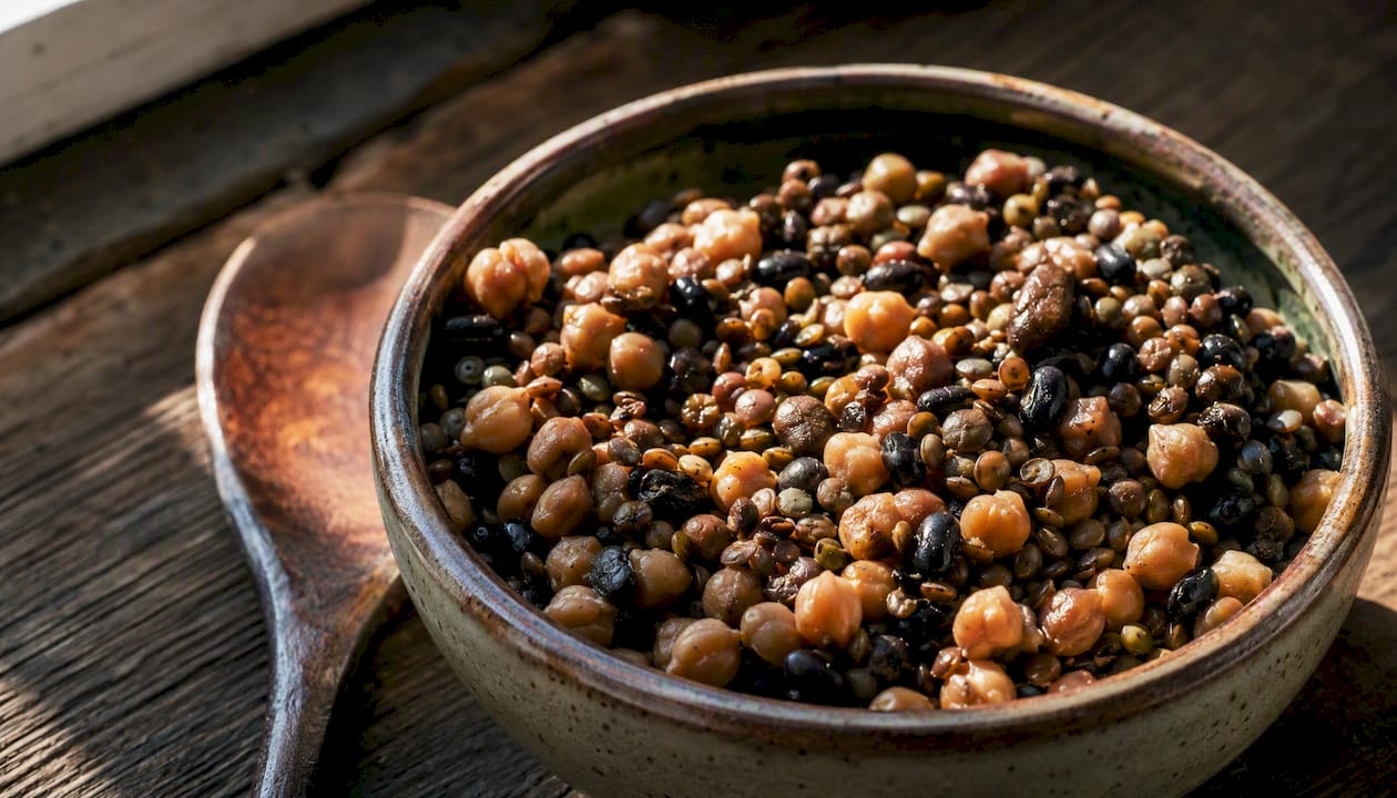 Bowl of cooked lentils, chickpeas, black beans