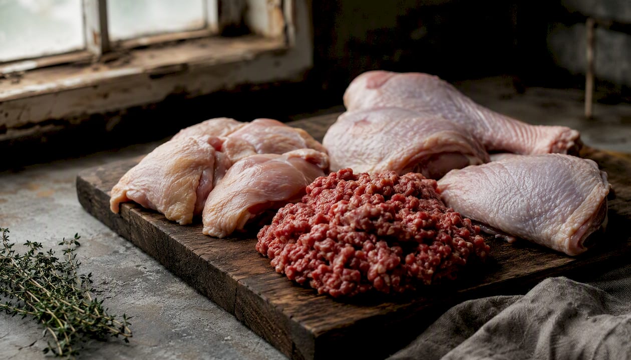 Raw lean chicken, turkey, and beef on plate