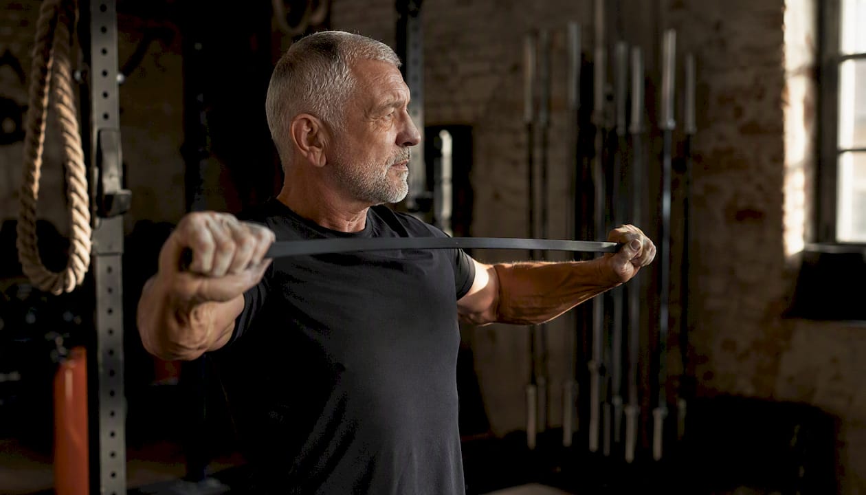 Older man warming up shoulders with band