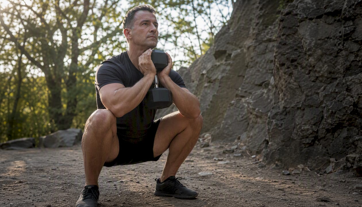 Lifter holding deep goblet squat in gym