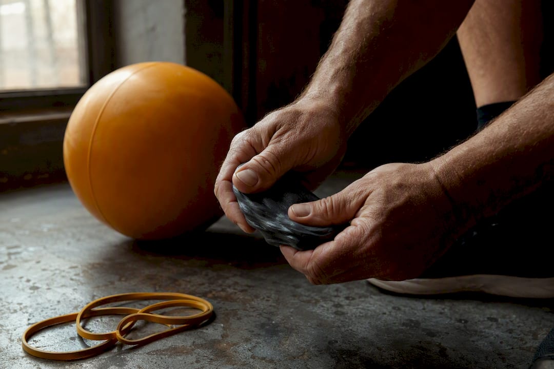 Hands manipulating therapy putty and soft ball