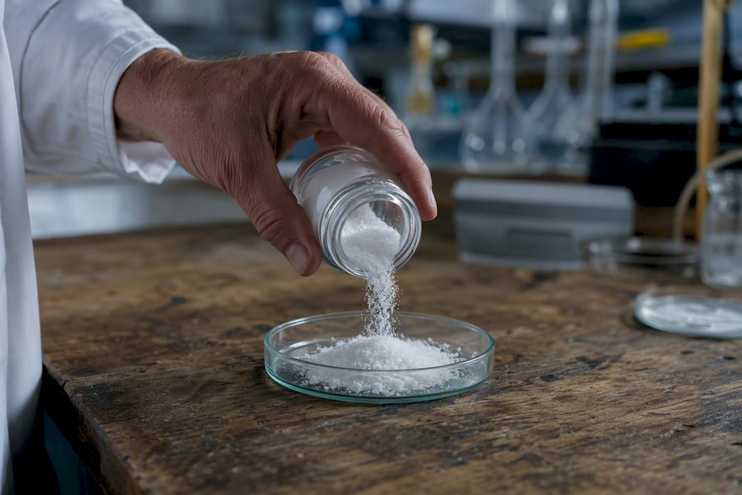 Pouring magnesium glycinate powder in lab dish