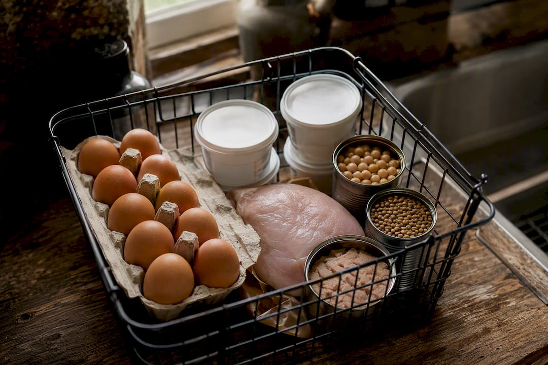 Grocery basket with protein foods for lifters over 40