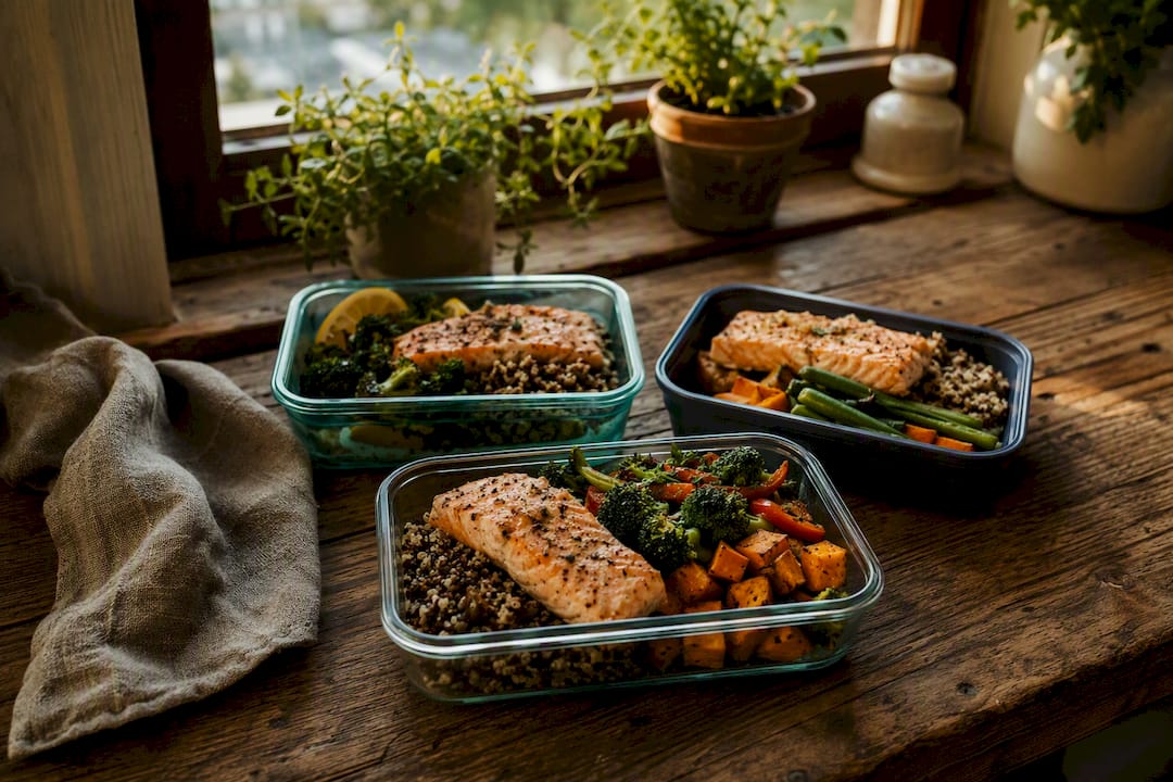 Meal prep containers with protein rich foods