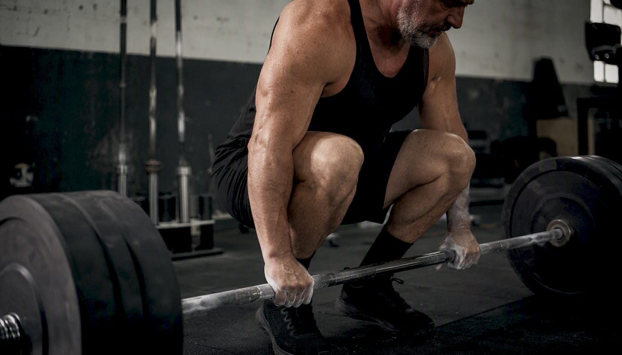 Chalked hands gripping barbell close-up