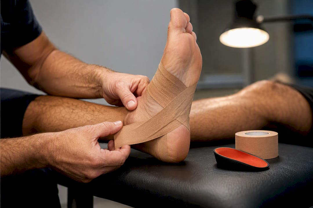 Hands applying athletic tape beneath foot