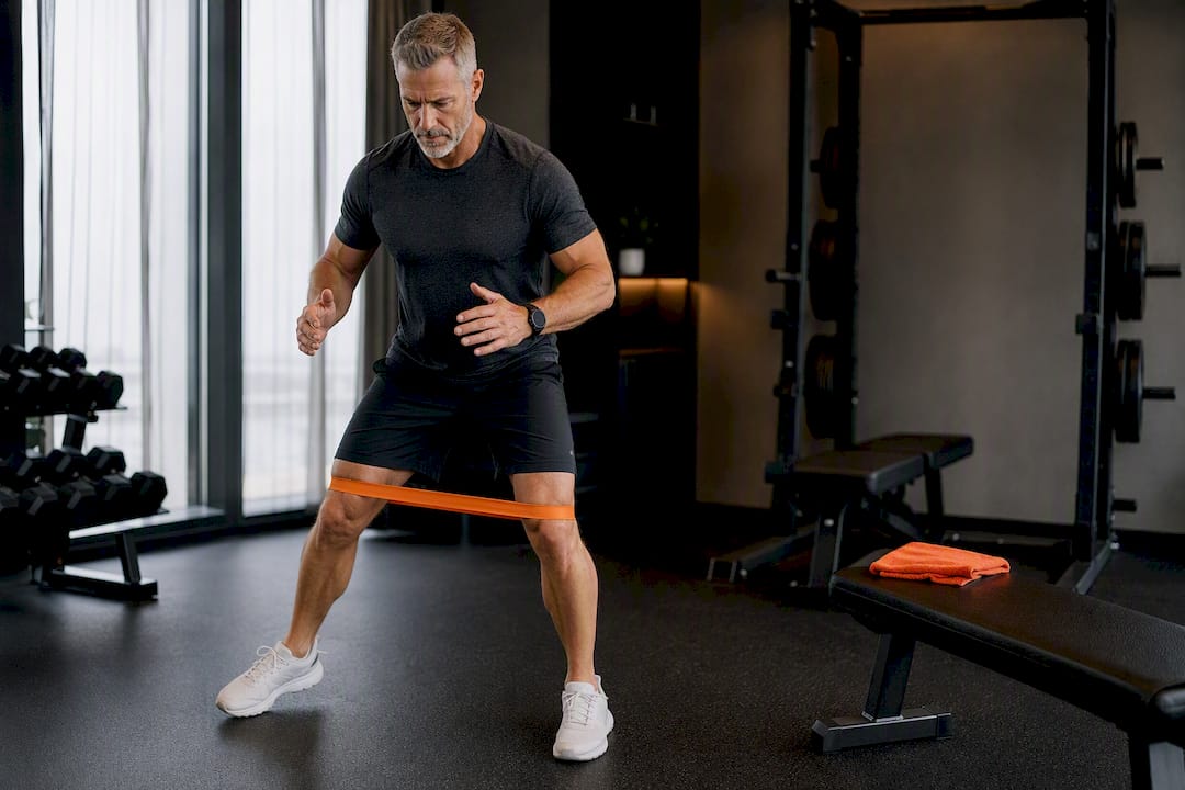 Older lifter performing a band activation drill