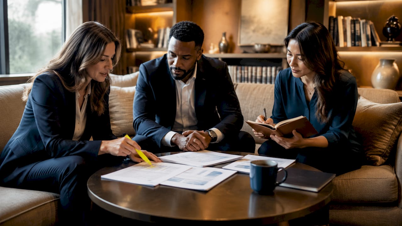 Team coordinating family office tasks around table