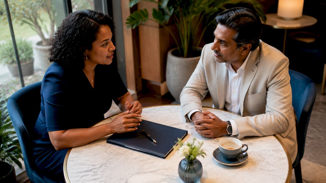 Client and planner consulting on event details