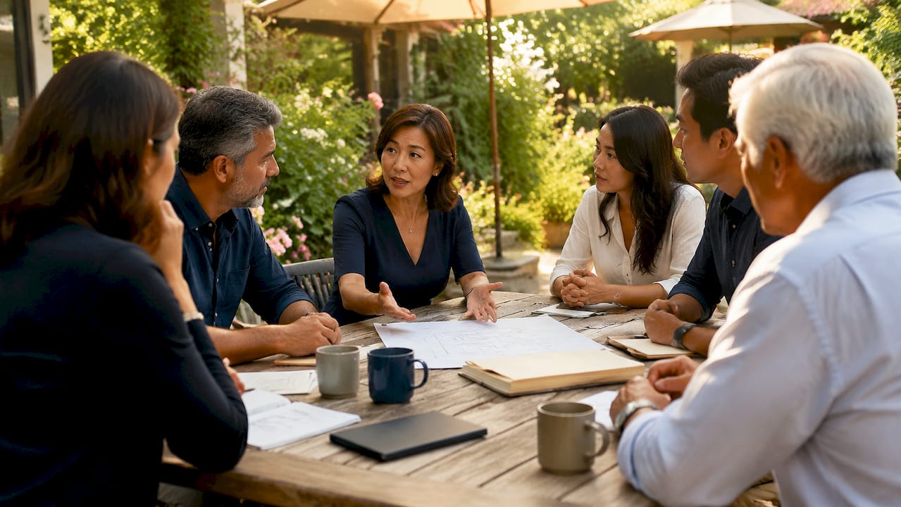 Family discussing wealth governance at home table