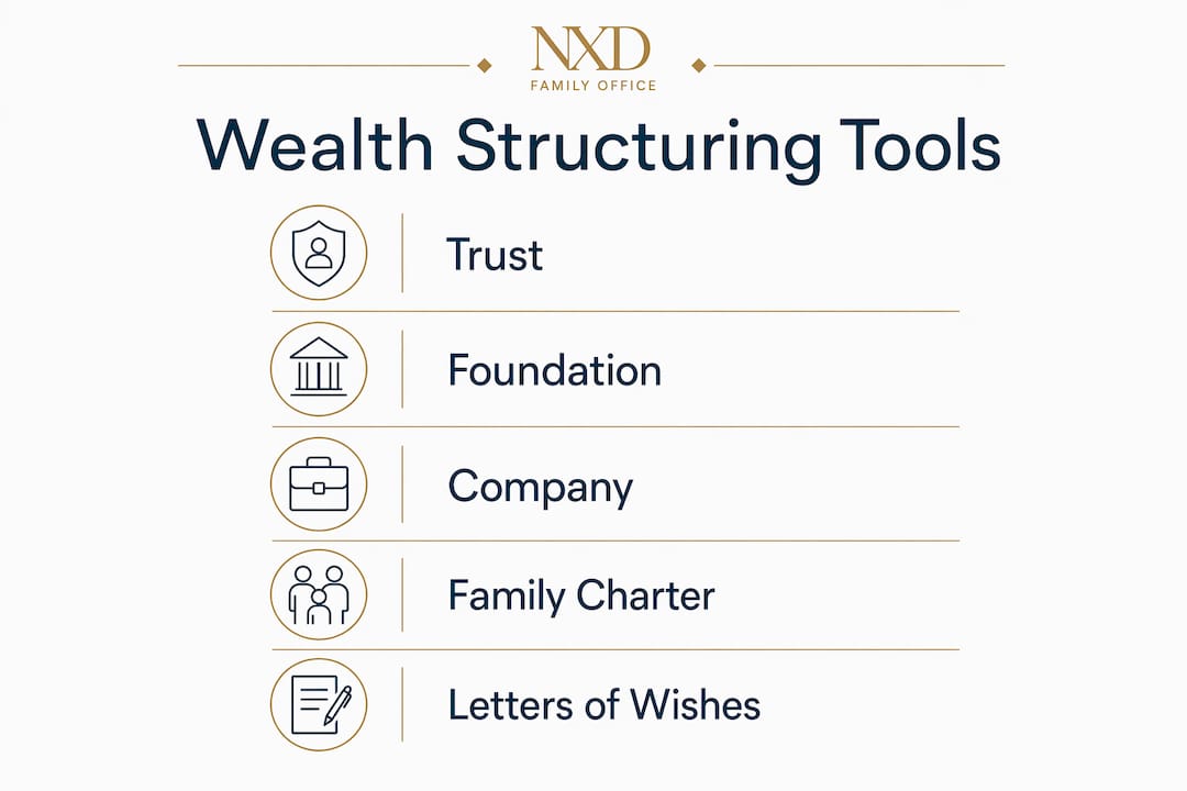 Infographic illustrating key wealth structuring tools in vertical flow