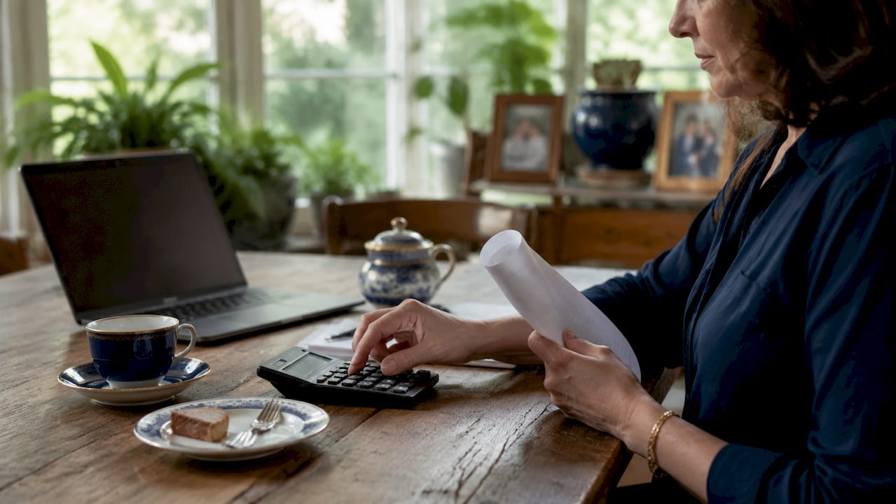 Hands using calculator and budget checklist at kitchen counter.