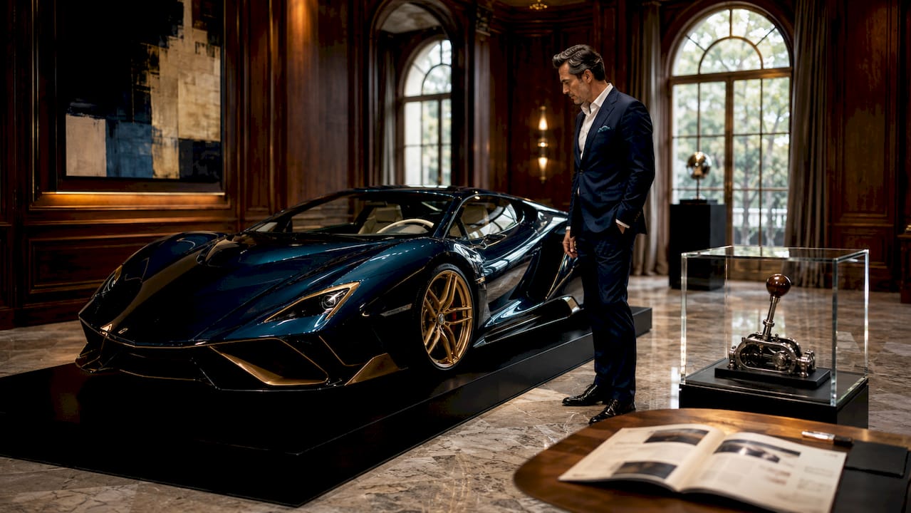 Curator inspecting bespoke Ferrari indoors