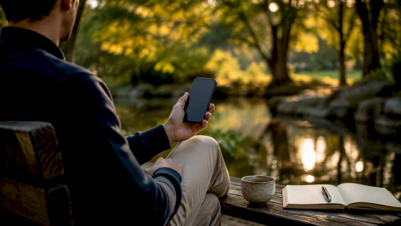 Close-up of hand holding phone in café scene
