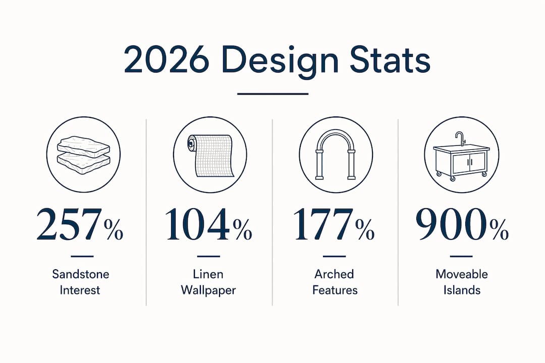 Infographic showing key 2026 interior design trend statistics
