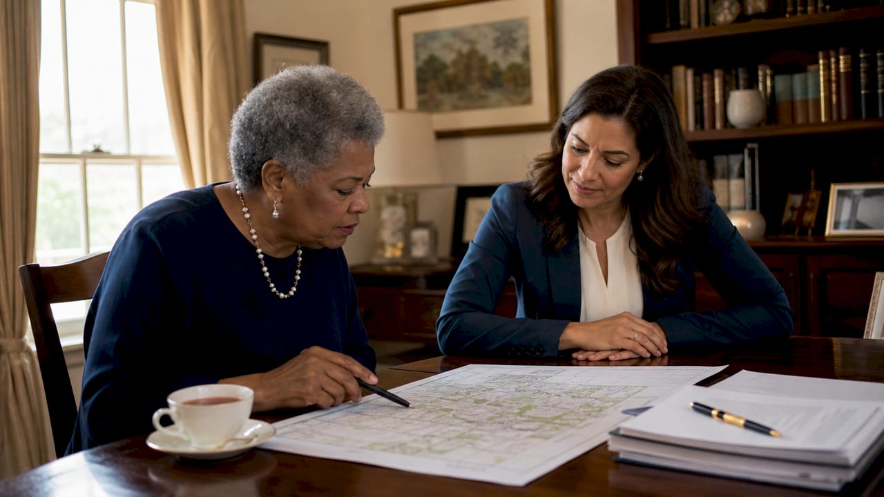Advisor and client reviewing estate map in conference room