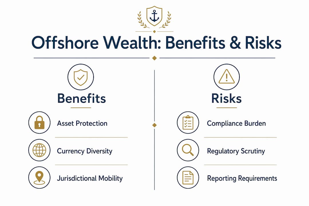 Infographic comparing offshore wealth management benefits and risks