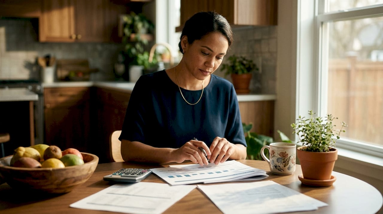Female entrepreneur calculating cash flow at desk