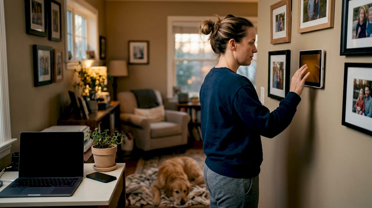Mother using security control panel at home