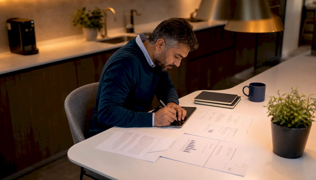 Medical startup founder working with documents at desk