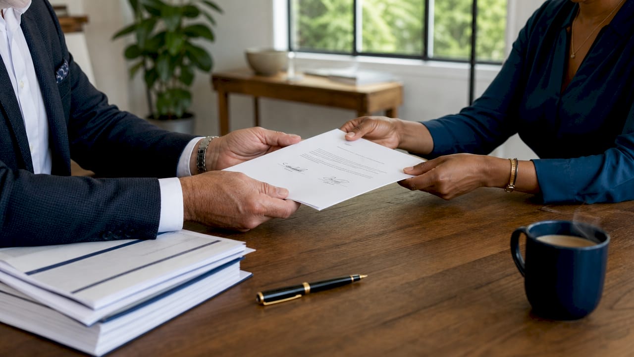 Hands exchanging signed charitable documents