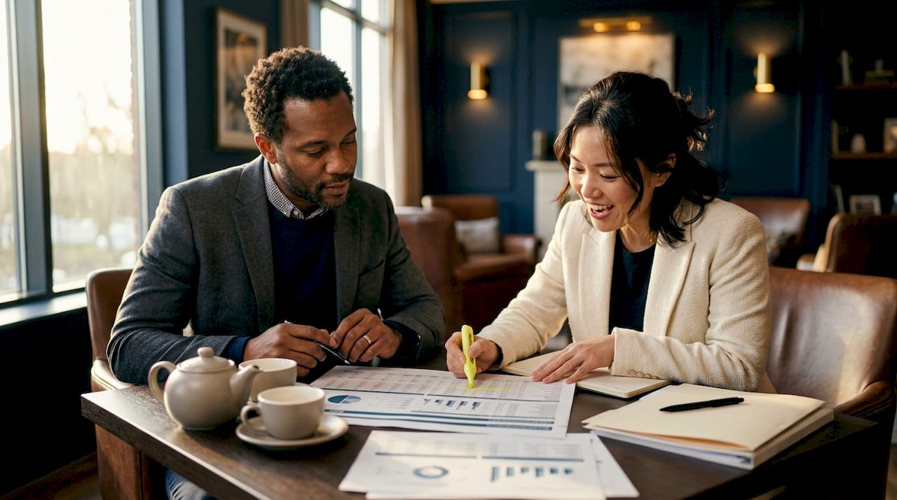 Two advisors consulting over investment portfolios