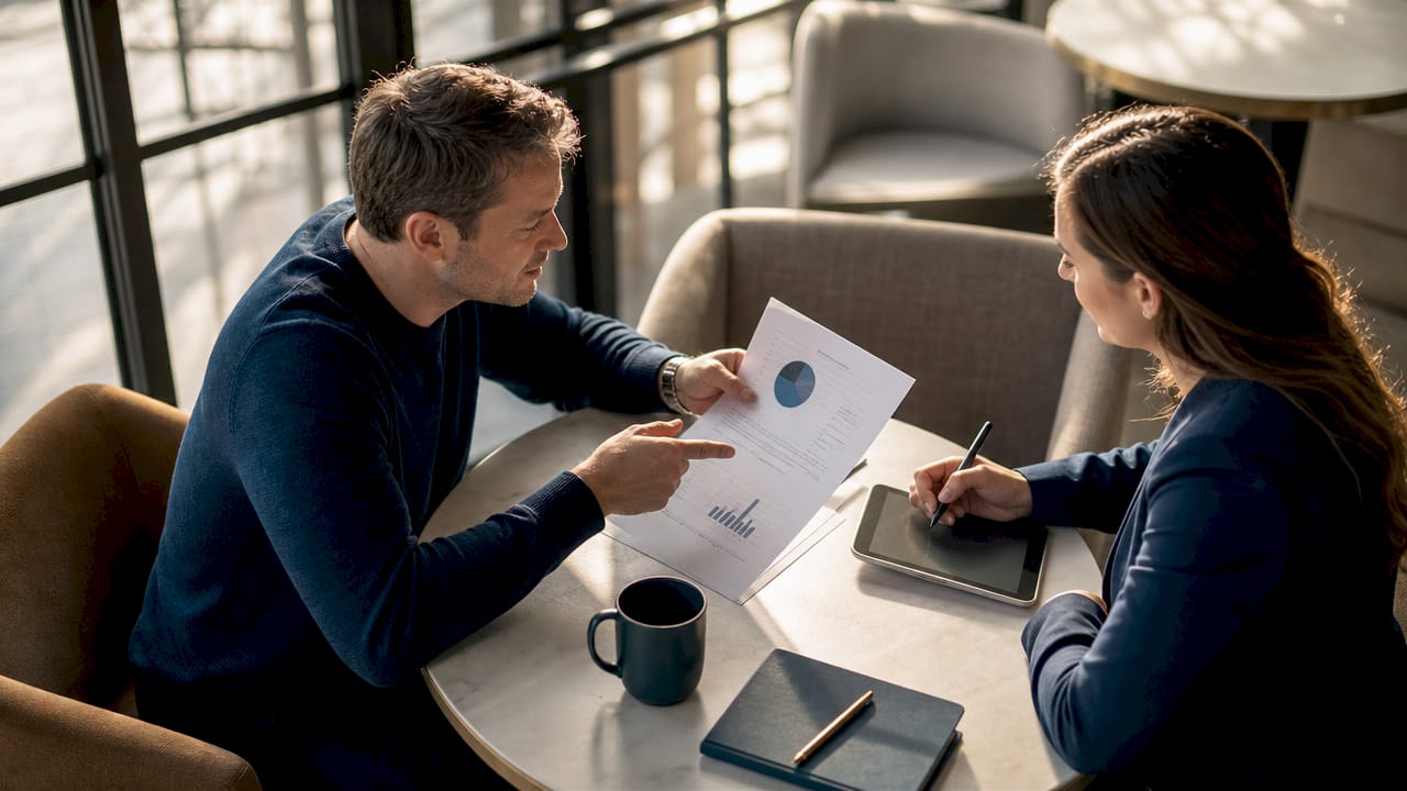 Client pointing at financial plan with adviser listening