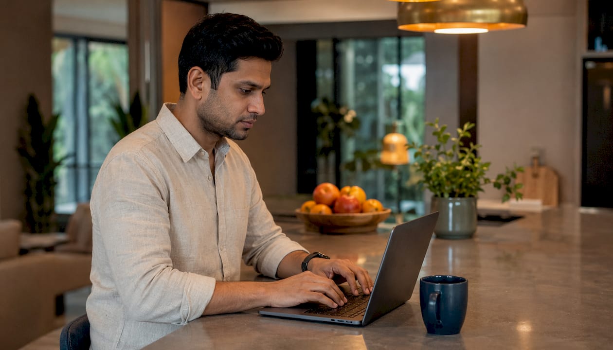 Entrepreneur typing exit strategy notes at standing desk