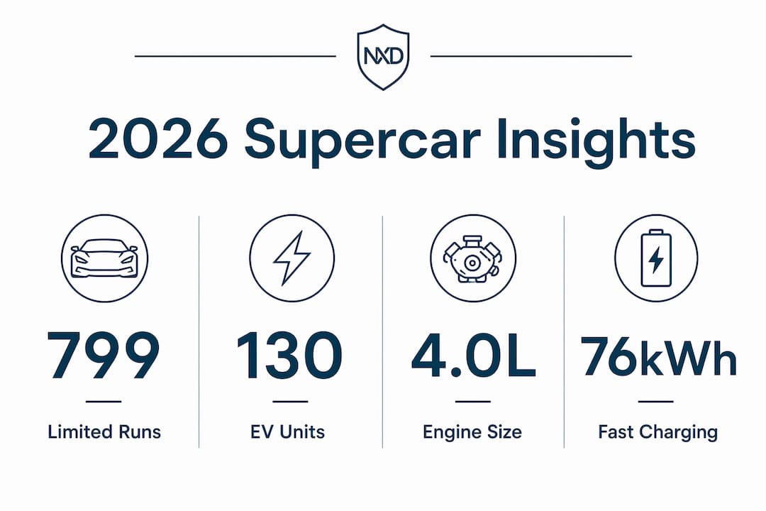 Infographic showing key statistics of 2026 supercar market