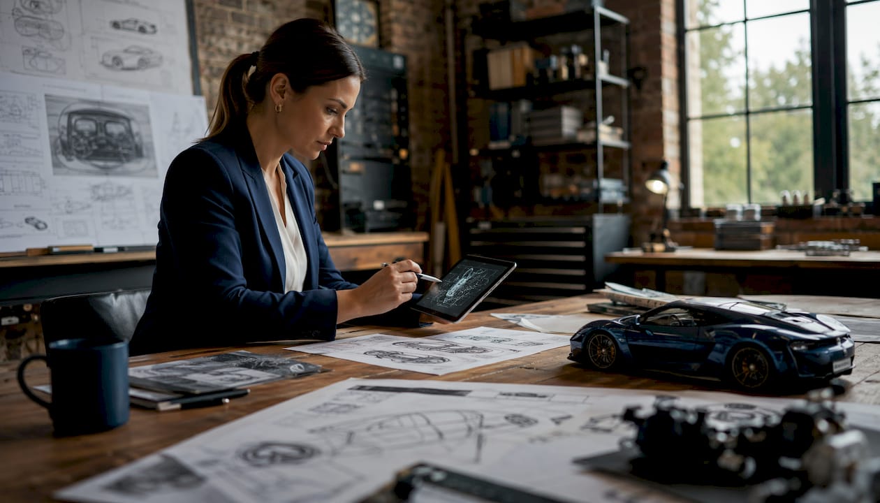 Engineer reviewing supercar hybrid designs on tablet