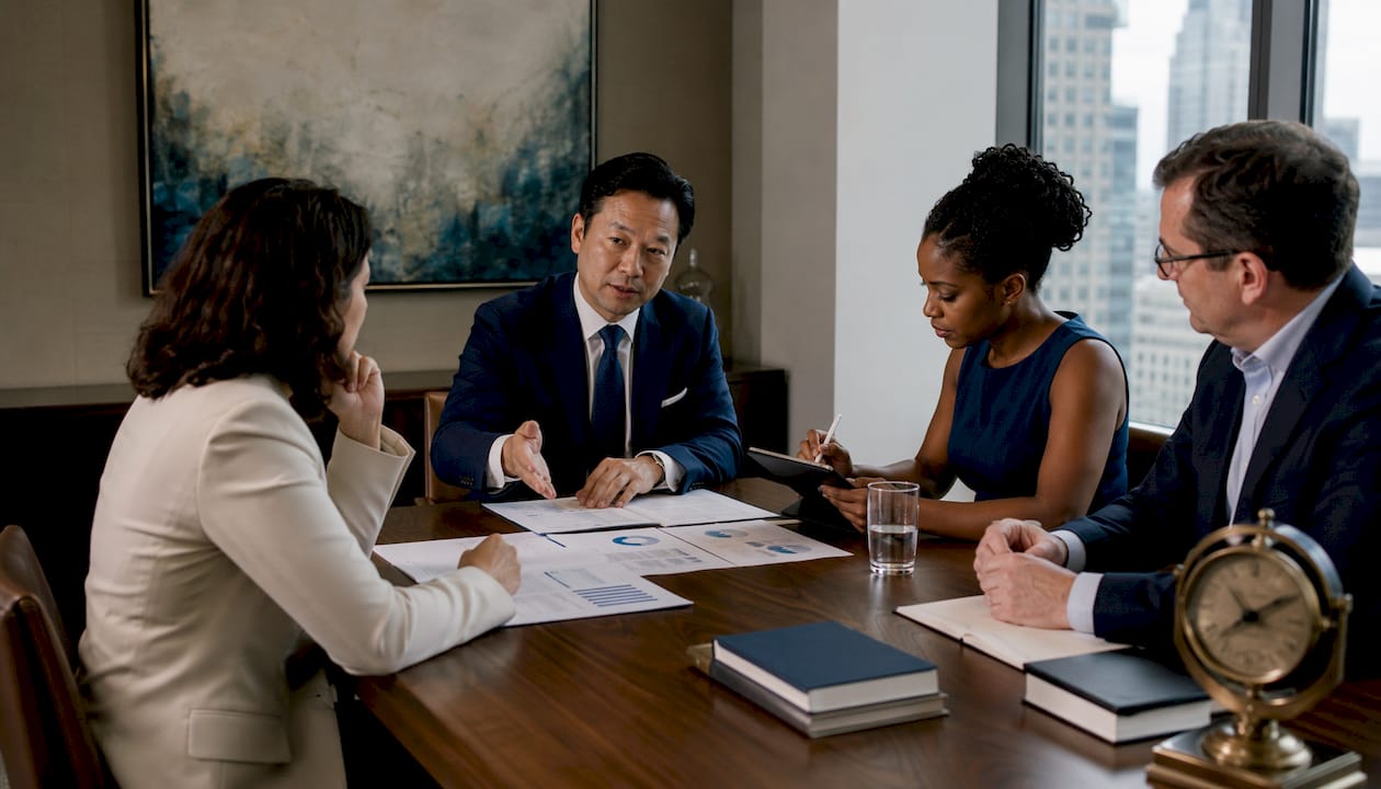 International tax advisory team in boardroom