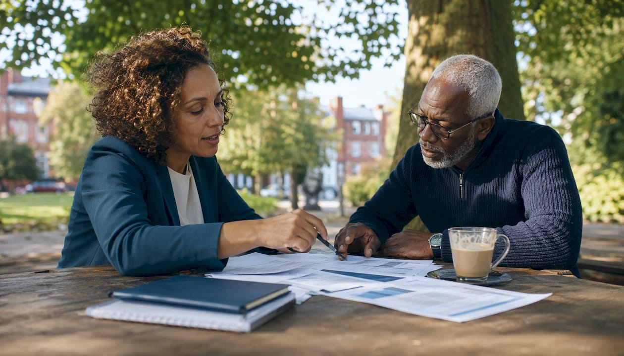 Couple discussing financial planning documents