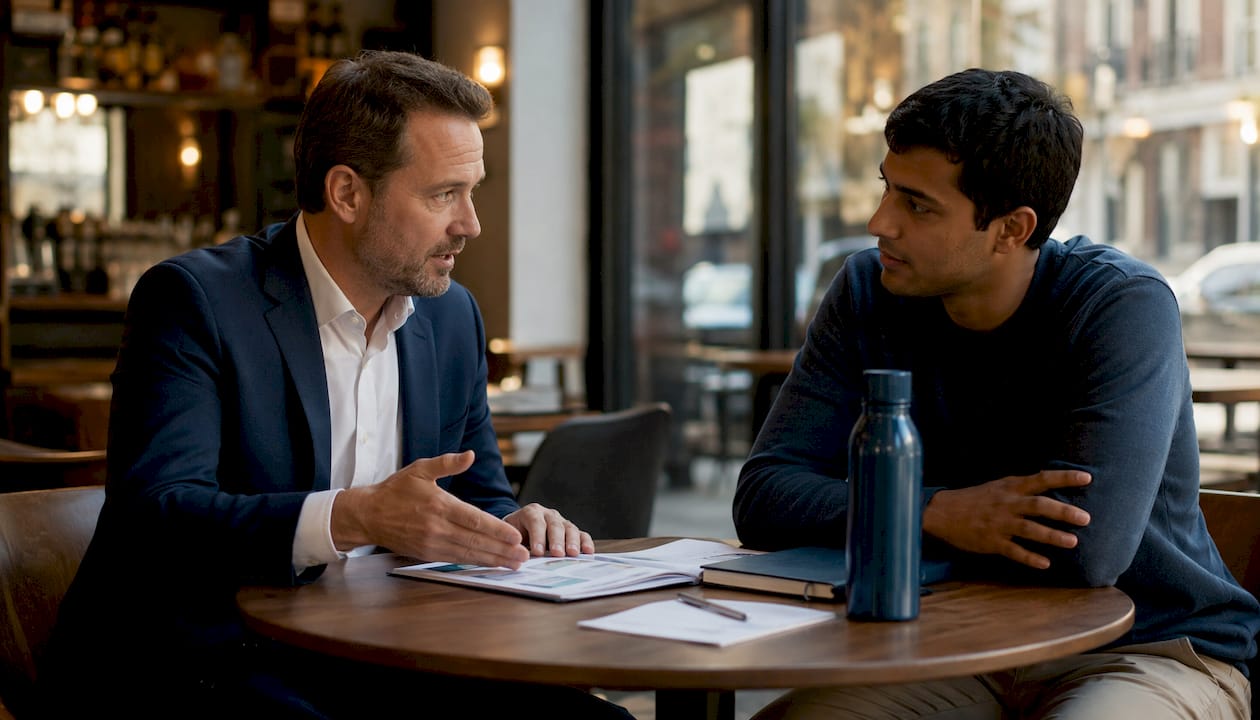 Insurance broker consulting startup founder in meeting