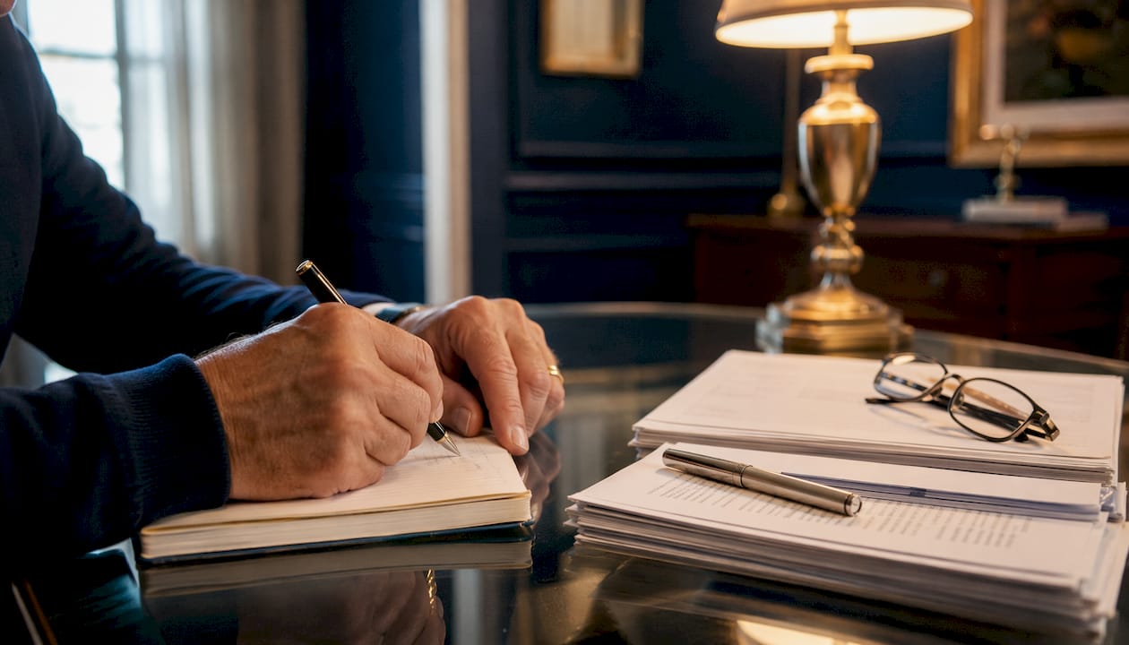 Trustee taking notes on legal trust documents