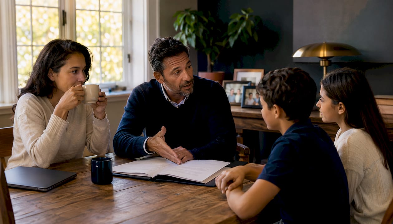 Family discussing trust types in kitchen