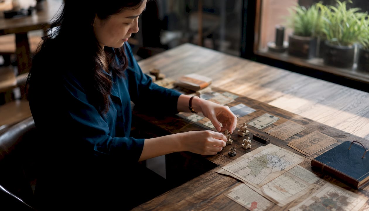 Hands arranging cultural journey artifacts