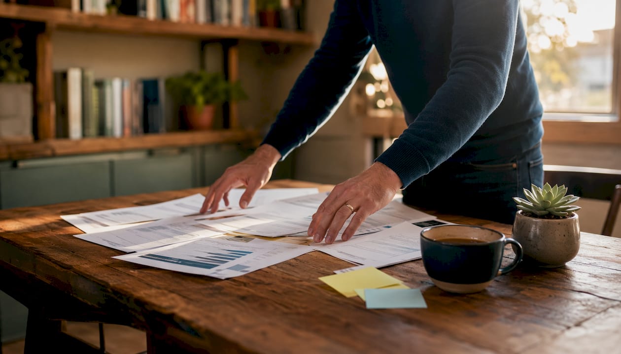 Hands reviewing tax-efficient investment papers at home