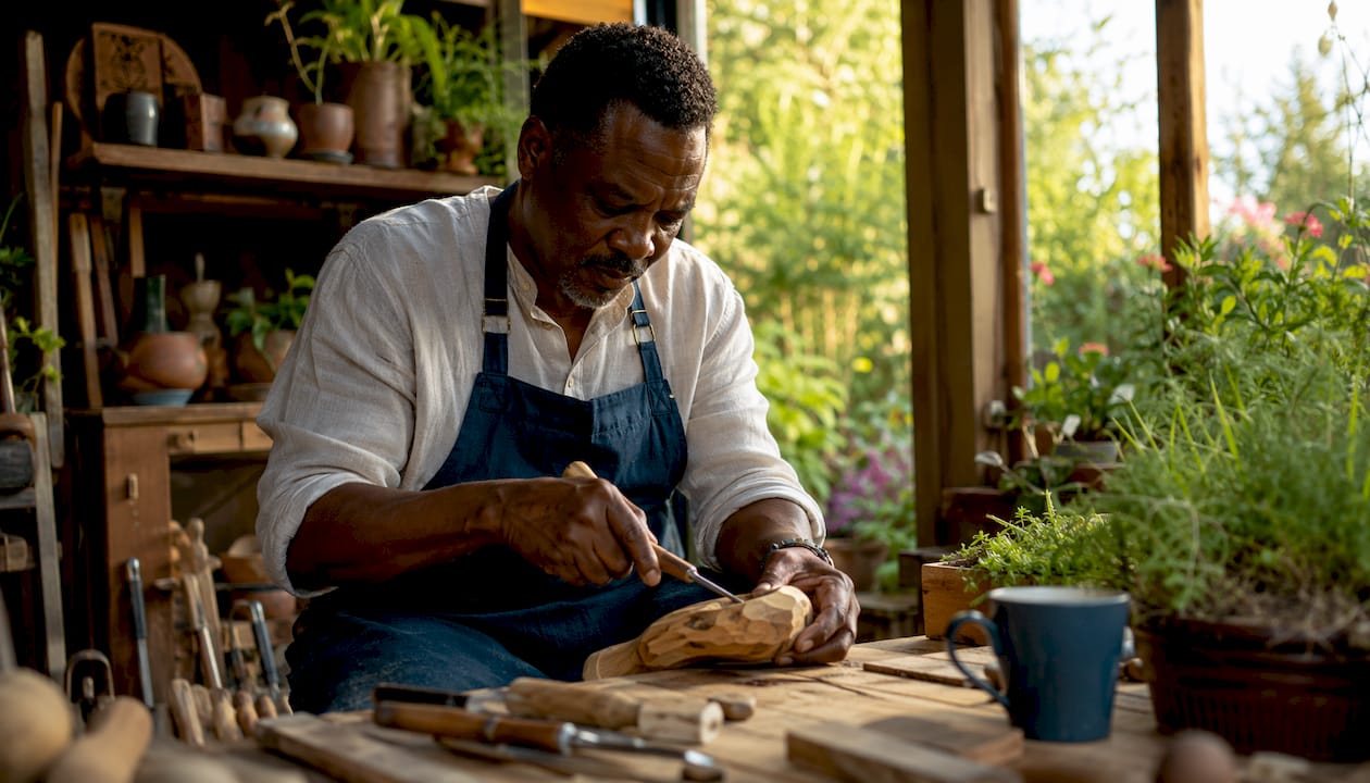 Artisan demonstrating traditional woodcraft in workshop