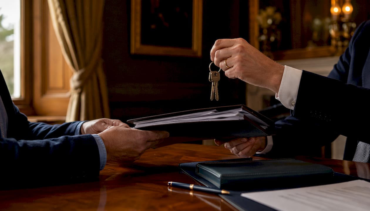 Hands exchanging keys and trust documents at desk