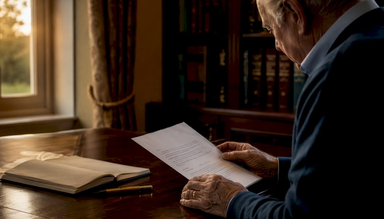 Elderly man signing gift documents
