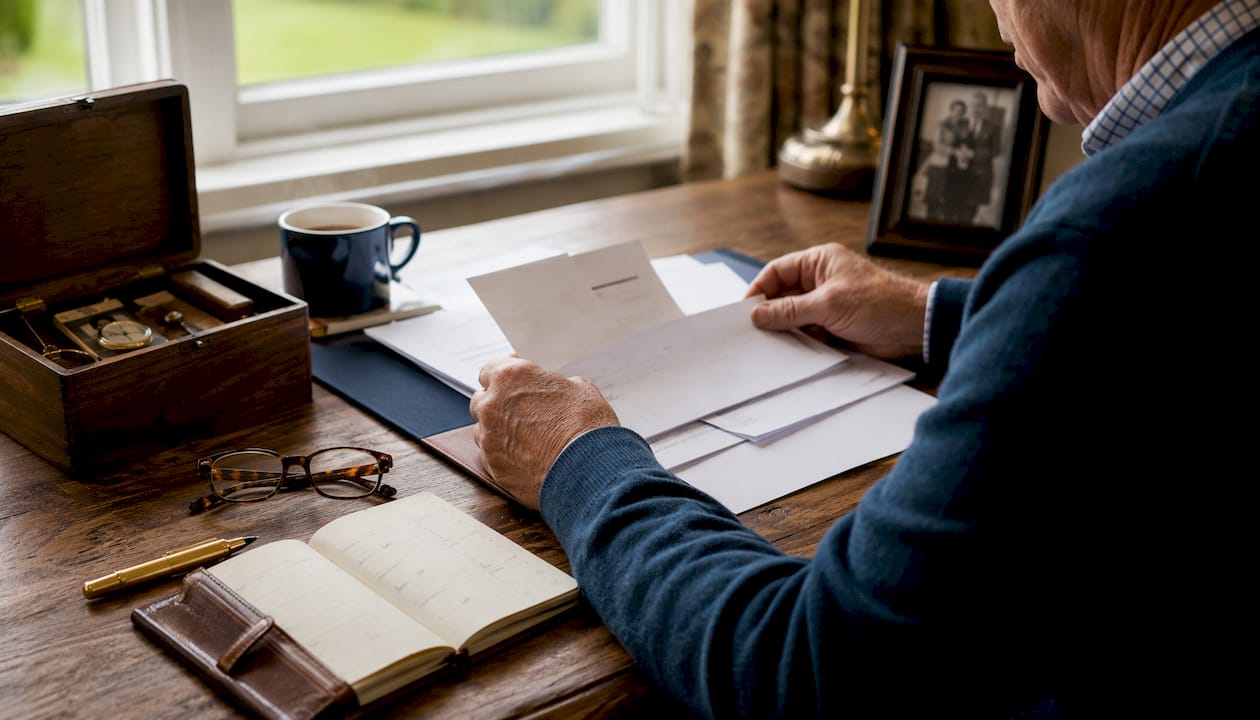 Hands arranging probate documents on desk