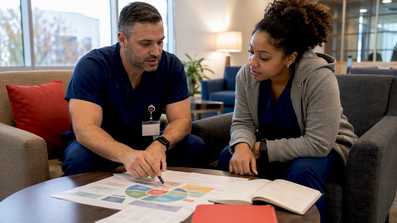 Nurse mentoring student with NCLEX categories chart