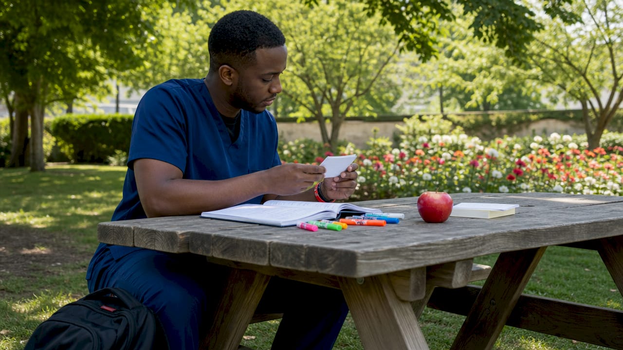 Male student reviewing nursing flashcards in library