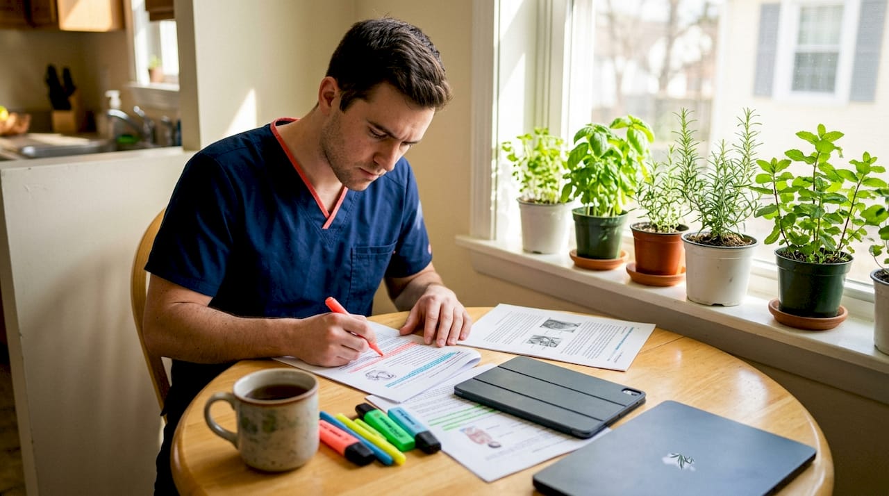 Hands typing laptop with study materials on desk